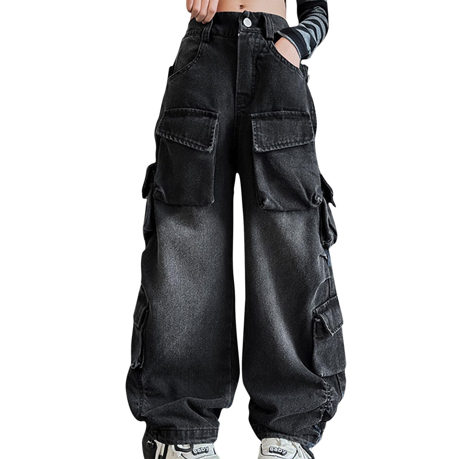 VOYOAO ofertas de Black 2024 Friday Deals Girls Baggy Jeans Y2k Streetwear Denim Cargo Pants Distressed Elastic High Waist Wide Leg Clothes Multi Pocket 5-16T Baggy Jeans