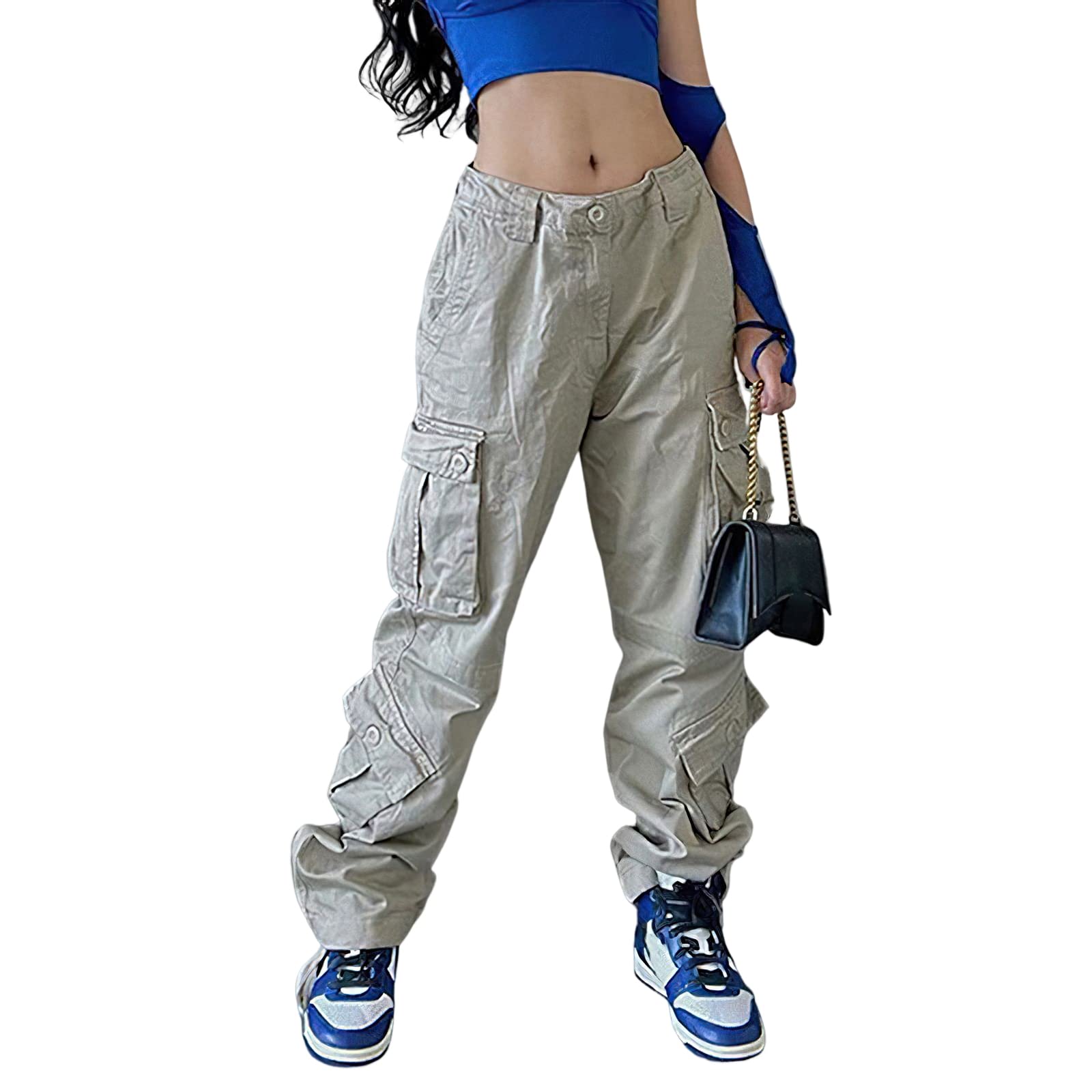 High Waisted Cargo Jeans for Women Straight Wide Leg Y2k Streetwear Cargo Pants Baggy Boyfriend Denim Pants with Pockets Light Grey