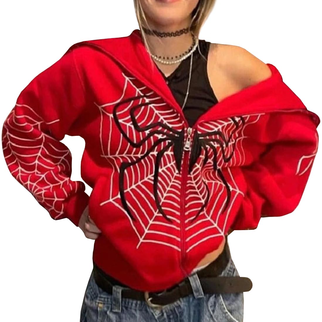 EMILYLE Women Women Y2K Halloween Hoodies Personalized Zip Up Long Sleeve Hooded Jacket Harajuku Outwear(1redS)